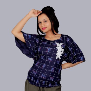 Rayon Floral Print Ladies Top - Dark Blue